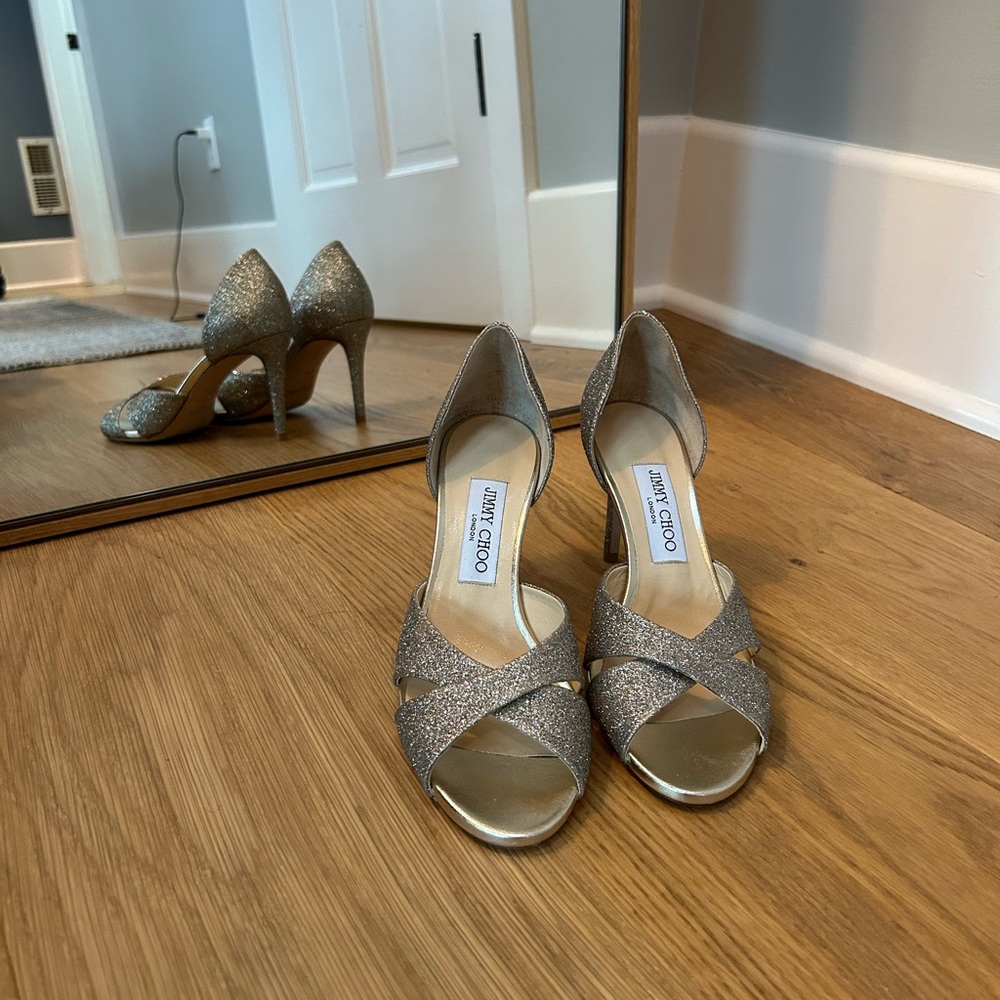 Jimmy Choo Leather Sparkly Heels (open toe/sandals)